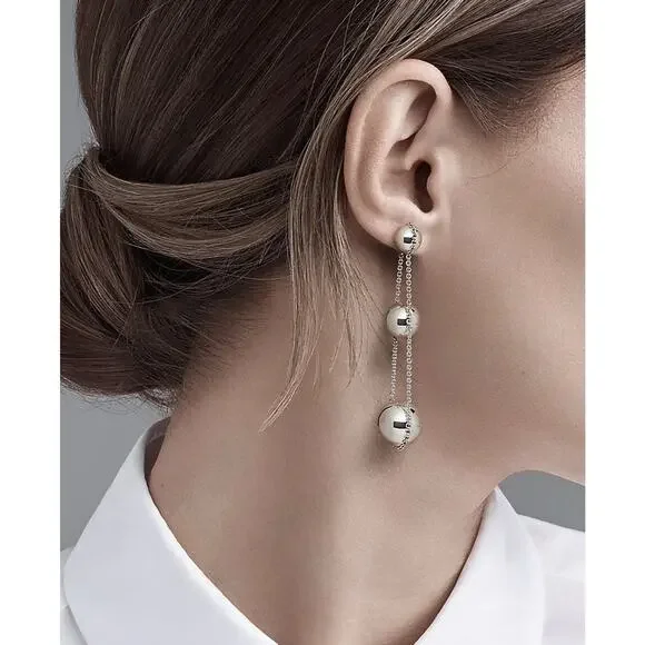 Tiffany & Co Silver Hardware Triple Drop Bead Ball Stud Earrings Butterfly Backs - Picture 3 of 12